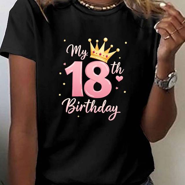 TEMU Women's 18th Birthday T-shirt, Casual Crew Neck Short Sleeve Top, Geometric-pattern Knit Polyester Fabric, Regular Length, Clothing