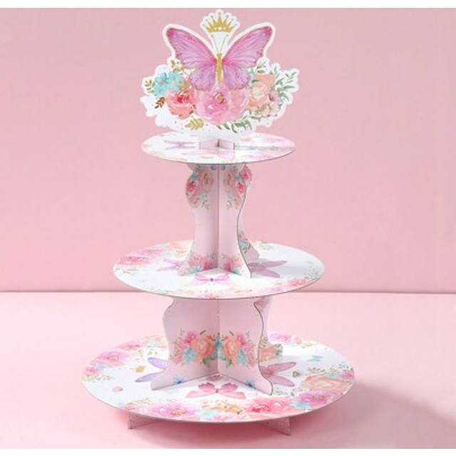 SHEIN 1set Pink Butterfly Style Cake Holder Stand, Multi-Layered Paper Cake Tray & Cake Rim, Food Tray, Butterfly Party Decorations, Babe Shower Decor Gende