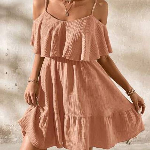 SHEIN Women&#39;s Elegant Romantic Solid Green Textured Chiffon Ruffle Ruffle Hem Cami Dress, Spring/Summer Holiday,Bohemia