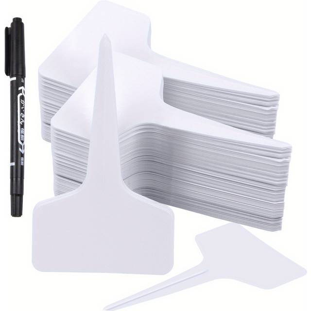 TEMU -pack T-type Garden Plant Markers With Permanent Marker, Reusable Waterproof Labels For Nursery, Flowers, Potted Plants - Outdoor Gardening Tools