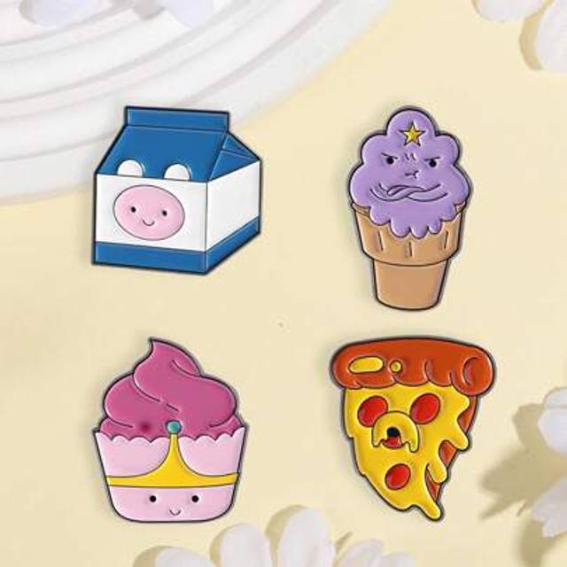 SHEIN 4Pcs Ice Cream Cone Pizza Enamel Pins Cute Foodie Food Milk Box Brooches Lapel Badges Custom Decoration Jewelry Gift For Kids Friends