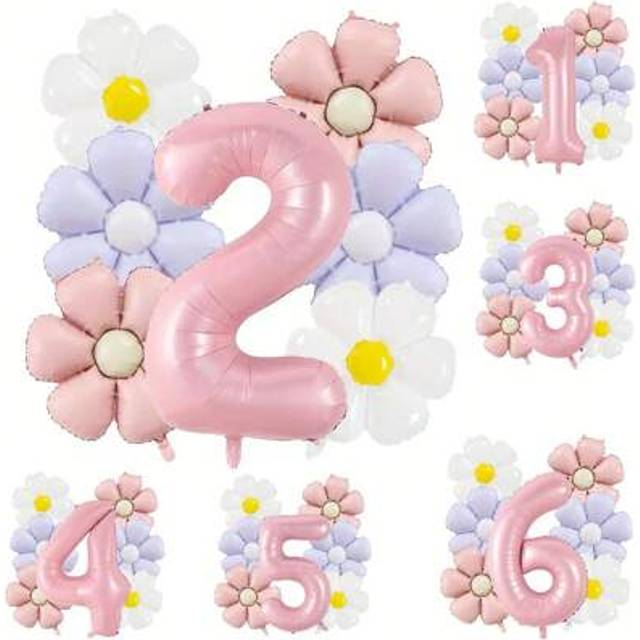 SHEIN 8pcs/Set Daisy Flower & Number Balloon Assortment, Including 32-Inch Pink Large Numbers 1-6, And 18-Inch Vintage Matte White, Pink, And Purple Daisy B