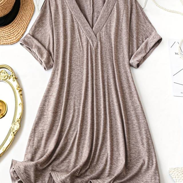 TEMU Plus Size - Women's Casual V-neck Loose Fit Short Sleeve Dress - Solid Color Gray, Hem, Lightweight Polyester Blend For Spring/summer/fall, Relaxed Outing Attire | Dress | Glossy Texture