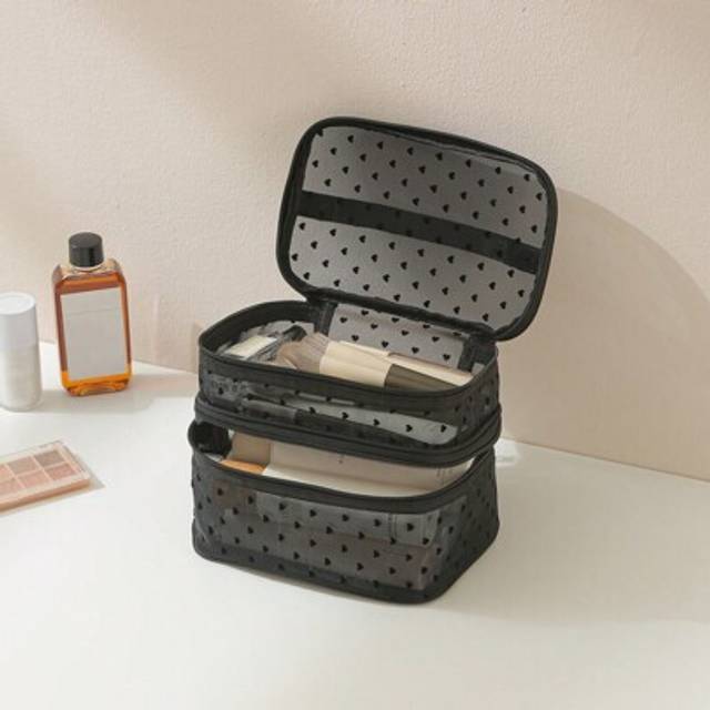 SHEIN Casual Travel Heart-Shaped Mesh Large Capacity Portable Cosmetic Bag Makeup Travel Toiletry Organizer Clear Essentials Gifts Storage Zipper Accessorie