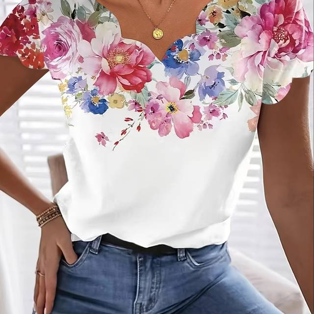 TEMU Women's Floral Print V-neck Blouse - Short Sleeve, Lightweight Polyester, Spring/summer Casual Top With Hem, White With Colorful , Casual Attire