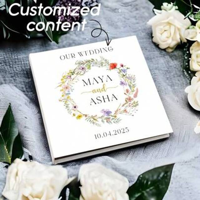 SHEIN Personalized Leaf Themed Wedding Guest Book, Square Wedding Guest Book, Wedding Book With Letter Name, Hardcover Monogram Wedding Guest Book, Wedding