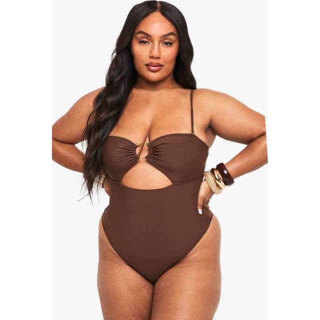 Womens Plus Resin Hard Wear Square Neck Swimsuit - Chocolate - 22