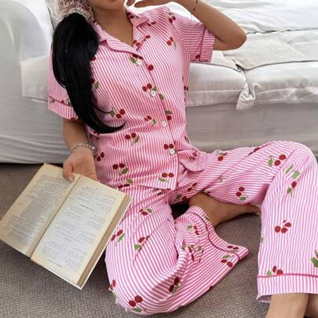 SHEIN Cherry Striped Printed Lapel Short Sleeve Pajama Set For Women
