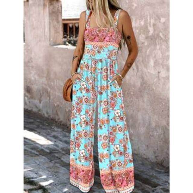 SHEIN Floral Print Elastic Waist Strap Elegant Women Jumpsuit Bohemian Beach Holiday Romper