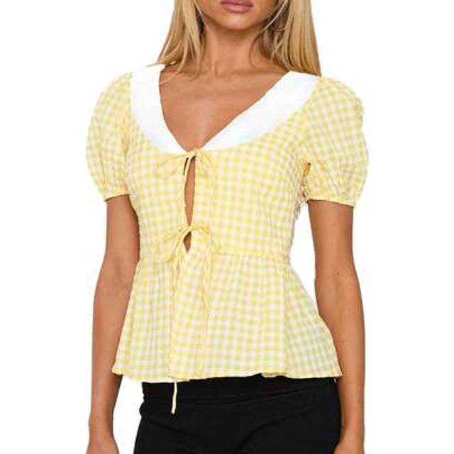 SHEIN Women Plaid Bow Tie Front Shirt Top Cute Puff Sleeve Y2K Peplum Ruffle Babydoll Blouse Summer Going Out