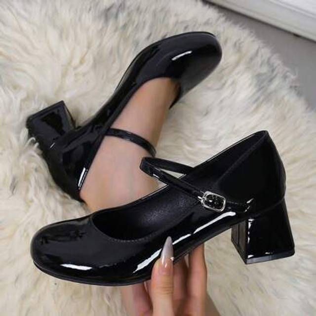 SHEIN New Shiny Patent Leather Thick Heel Round Toe Red High Heeled Pumps For Women. Decorative Strap Buckle On Instep, Mary Jane Style, Comfortable Indoor
