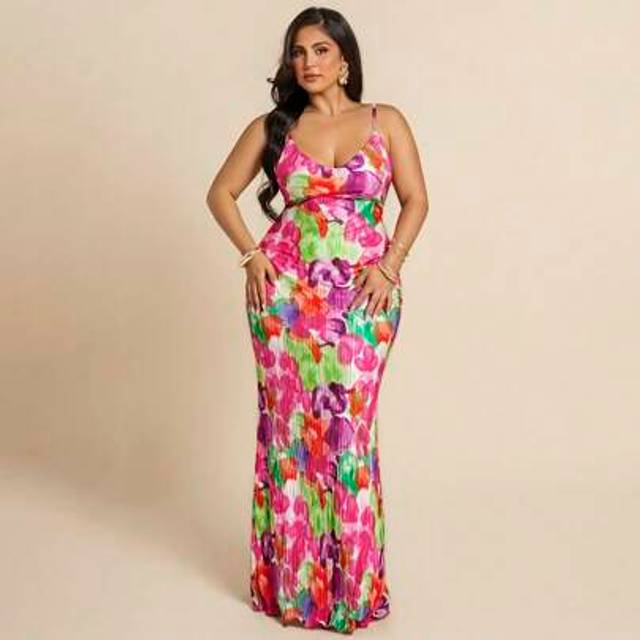 SHEIN Plus Size Women&#39;s Multi-Color Tie-Dye Summer Spaghetti Strap Dress, Pleated Dress,Summer Outfits For Women,4th Of July Curve,Beach Outfit For Women,Ai