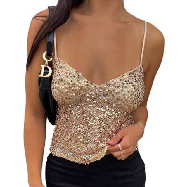 SHEIN Women Sequin Spaghetti Strap Tops Slim V Neck Sleeveless Open Back Sparkly Crop Camisole Summer Streetwear