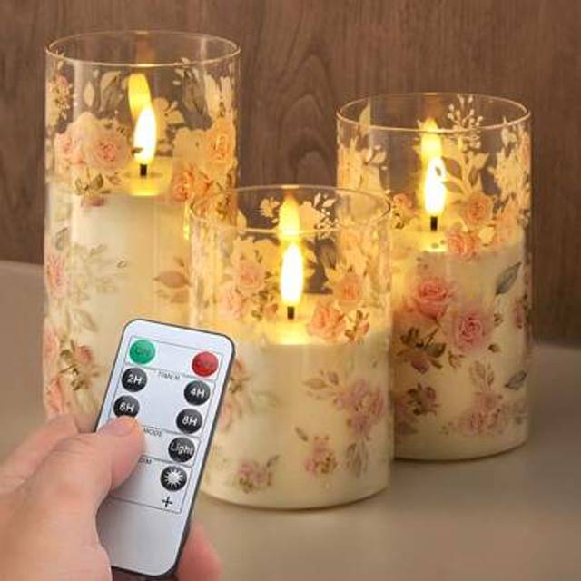 SHEIN 3pcs Flameless Candles With Remote Control, Battery Operated Candles With Timer, Rose Flower LED Candle Lights, Romantic Atmosphere Decoration Lights,