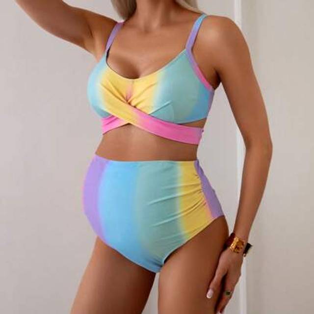 SHEIN Pregnant Women&#39;s Ombre Color Cross Halter Hollow Out Bikini Set For Summer