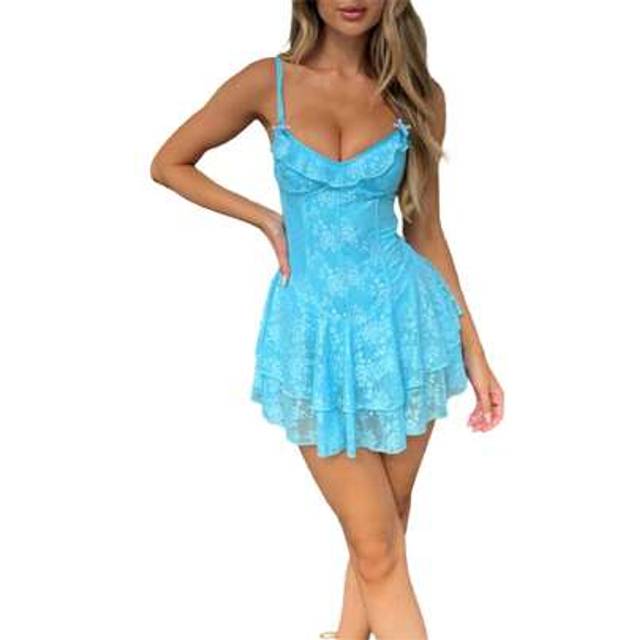 SHEIN Women Summer Mini Cami Dress Sleeveless Backless Lace Floral Tiered Ruffle Hem Party Dress