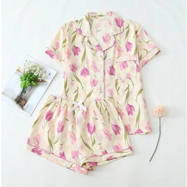 SHEIN 2pcs Women Tulip Floral Print V-Neck Button Short Sleeve Top And Pants Pajama Set, Comfortable Loungewear Suitable For Home Use In Summer,Two Pieces S