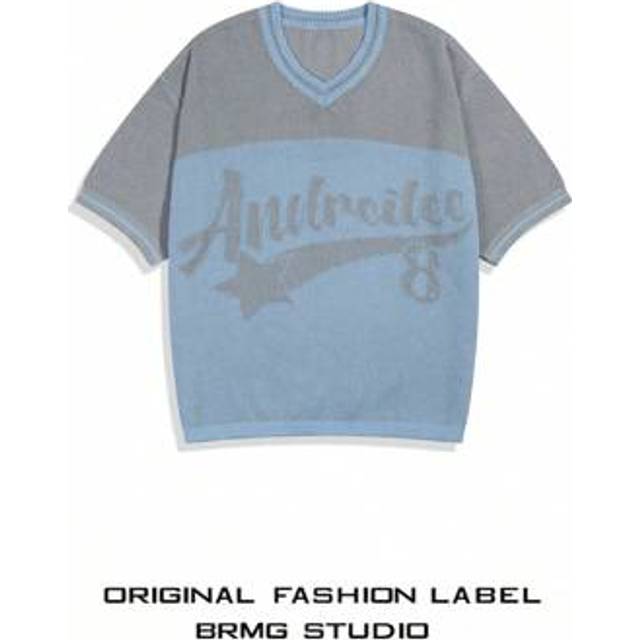 SHEIN Unisex Letter & Number Graphic V-Neck Short Sleeve Knit Sweater, Casual & Minimalist College Style, Spring/Summer