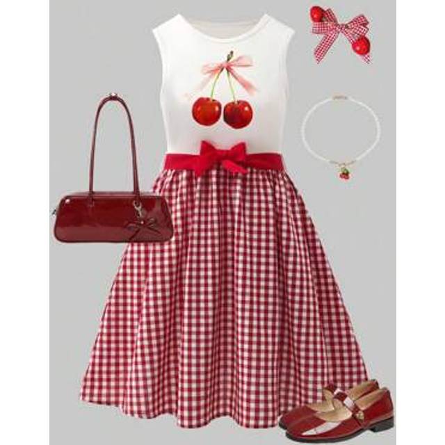 SHEIN Tween GirlsCherry Print Flared Red Plaid A-Line Sweet Vacation French-Style Dress