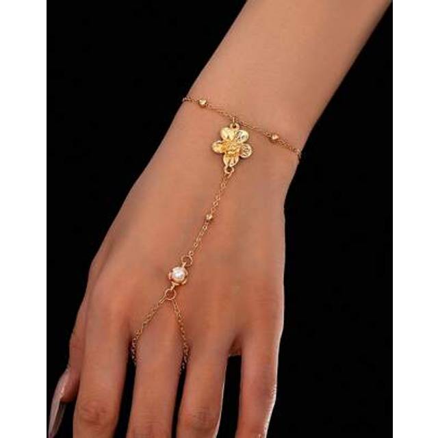 SHEIN 1pc Fashionable Minimalist Pearl Bead 5 Petal Flower Connected Finger Bracelet, Daily Decoration Accessories For Women, Size As Main Criteria, Not Qua
