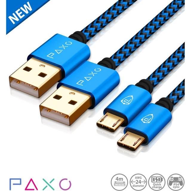 2 x 4m Micro USB PS4 controller data & charging cables/High quality black blue nylon braided Micro USB cables with metal plugs