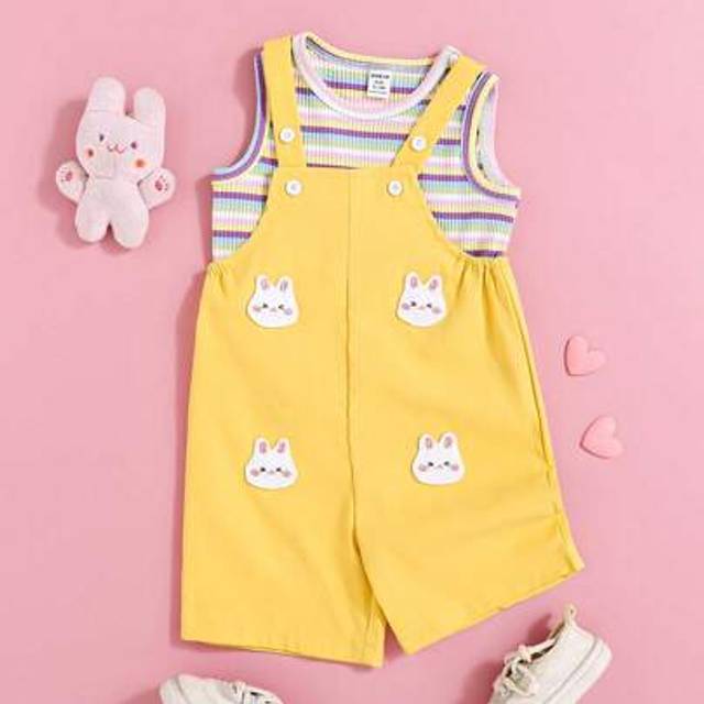 SHEIN 2 Pcs/Set Baby Girl Infant Toddler 0-3 Years Casual Sweet Sports Cute Rabbit Doll Decor Pink Strap Pants Shorts Striped Knitted Vest Tee Shirt Outfit