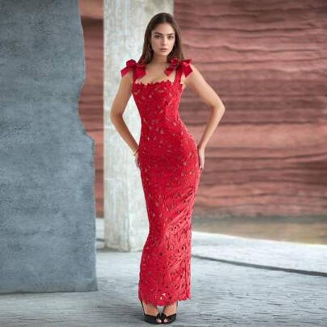 SHEIN Black Bowknot Hollow Lace Luxurious Elegant Non-Stretch Fitted Long Evening Dress