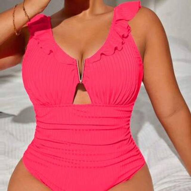Slaydiva Summer Beach Plus V Wired Ruffle Trim Ruched One Piece Swimsuit