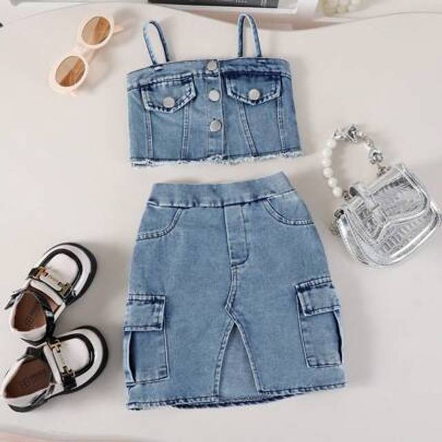 SHEIN Baby Girl(Infant) Fashionable Street Cool Blue Denim Overall Top Paired With Matching Blue Skirt Outfit, Summer