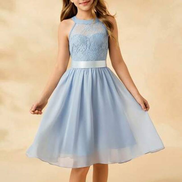SHEIN Girls Lace Patchwork Chiffon Ruffle Hem Short Dress, Halter Neckline, Suitable For Flower Girl, Formal Occasions, Weddings, Parties, Birthday Events
