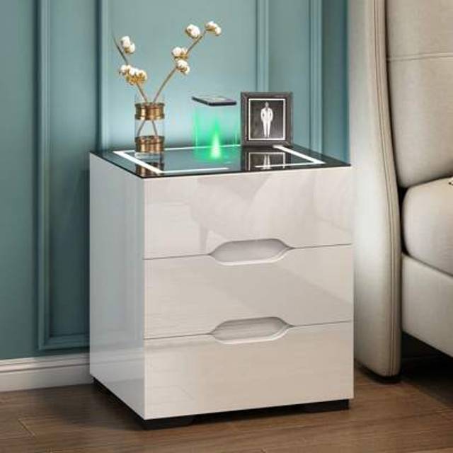 SHEIN Smart Bedside Table With Wireless Charging, Side Table With LED Light And USB Charging Station, Smart Nightstand High Gloss End Table Night Stand Orga