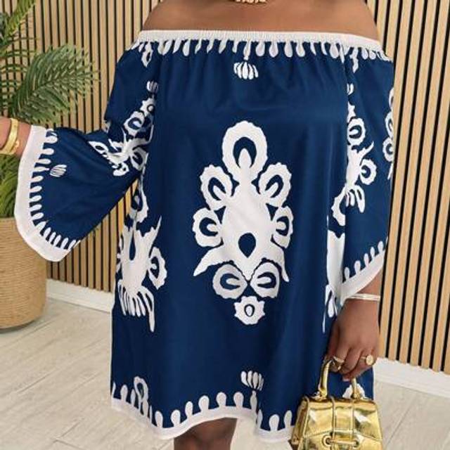 Slaydiva Plus Size Loose Off Shoulder Flare Sleeve Silhouette Print Mini Dress, Vacation & Casual, Spring/Summer