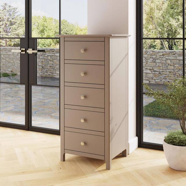 Palma 5-Drawer Tall Slim Chest - Narrow Storage Unit in Putty for Bedroom - Hallway or Living Room
