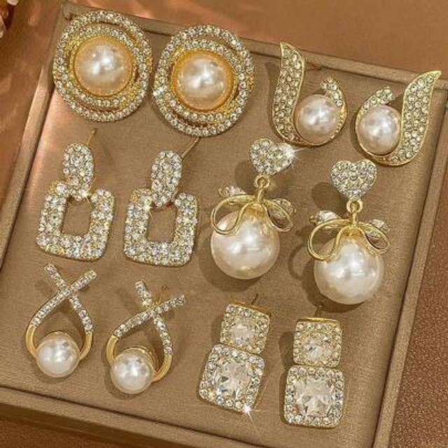 SHEIN 6pcs Diamond & Pearl Decor French Luxurious Elegant Ear Studs Earrings Set, Suitable For Daily & Holiday Wear