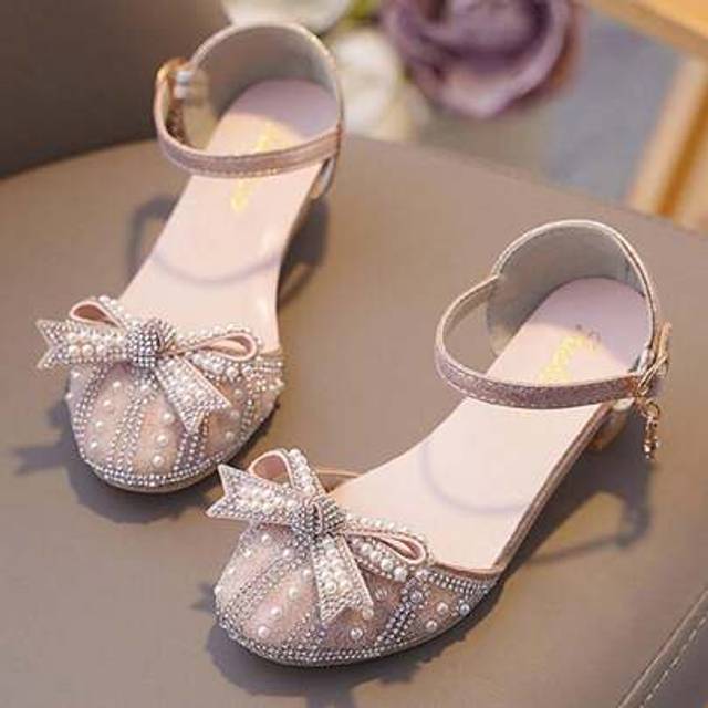 SHEIN Girls&#39; Formal High Heel Dress Shoes, Children&#39;s Glitter Princess Shoes, Closed-Toe High Heels, Rhinestone Pearl Bow Mary Jane Sandals With Ankle Strap