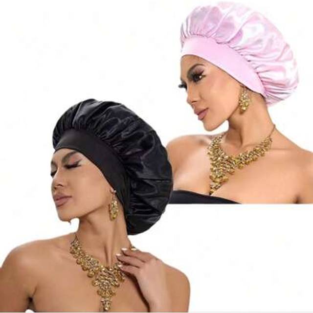 SHEIN 1/2pcs Silk Bonnet For Sleeping, Satin Hair Bonnets, Soft Elastic Band Silk Sleep Cap, Silk Hair Wrap For Curly Hair (Black Gold) Back To School