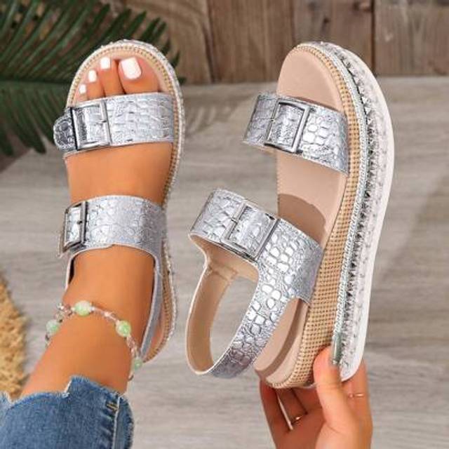 SHEIN Summer Dressy Platform Sandal, Woven Textured Bead Embellished Wedge Heel Bohemian Open Toe Ankle Strap Elastic Comfortable Casual Elegant Flat Sandal
