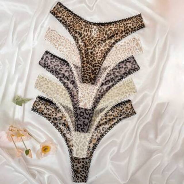 SHEIN 5pcs Leopard Print Mesh Comfy Ruffle Trim Thong Panties