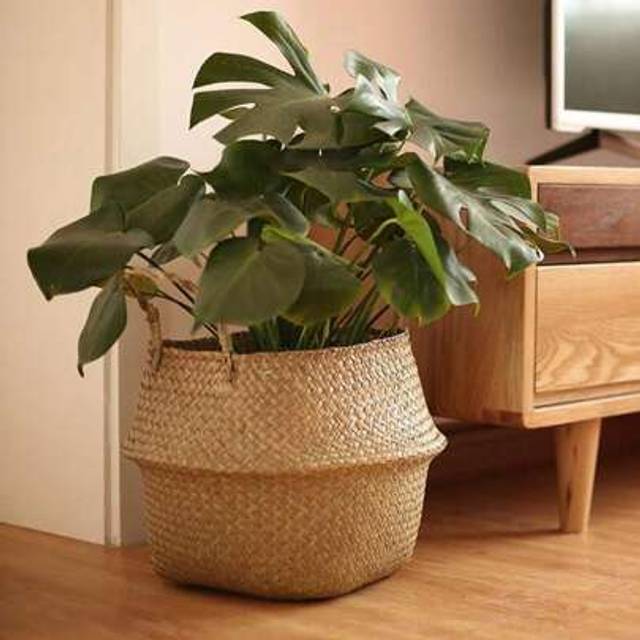 SHEIN 1pc Large Handmade Woven Seagrass Planter Basket For Indoor & Outdoor, Vintage Style Plant Pot Cover For Home Garden Decor, Foldable Belly Basket, L S