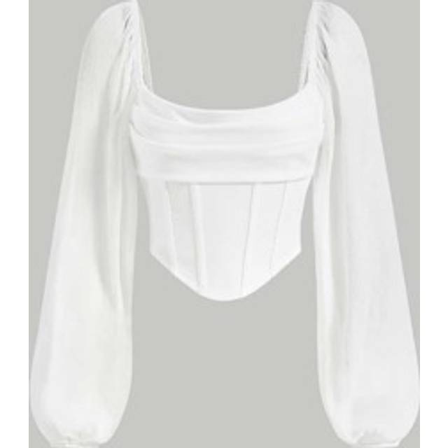 SHEIN Lantern Sleeve Ruched Scoop Neck Asymmetrical Hem Crop White Long Sleeves Top