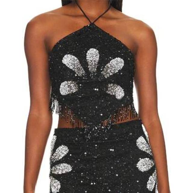 SHEIN Women&#39;s Sleeveless Tie Backless Sequins Party Club Crop Halter Top