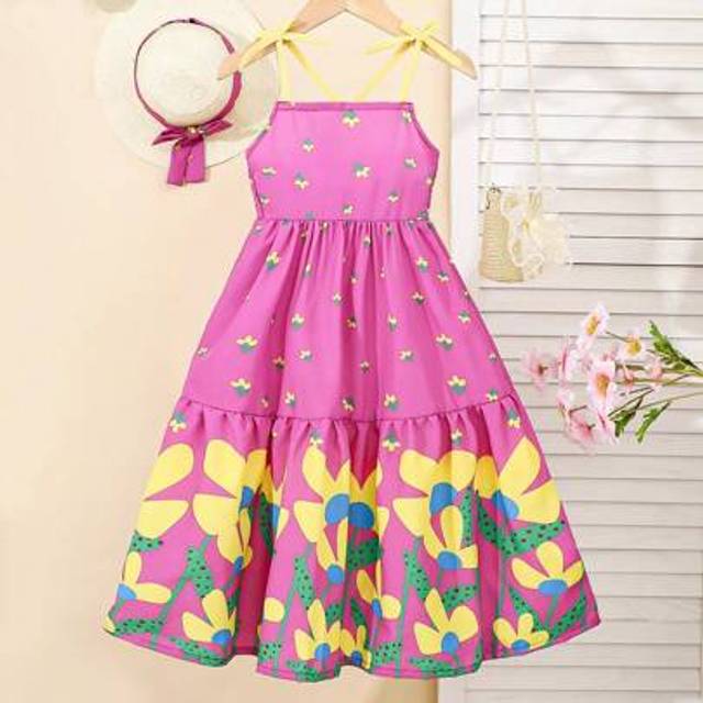 SHEIN Young Girls Casual Green Ditsy Floral Dress + Hat, Great For Daily, Outings, Vacation Wear, Spring/Summer New Arrivals