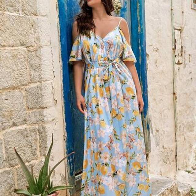 SHEIN Plus-Size Romantic Floral Print Wrap Collar Maxi Dress, Mother Day Outfit, Vacation Outfits Woman, Rave Outfit, Western Wear Women Plus Women Summer C