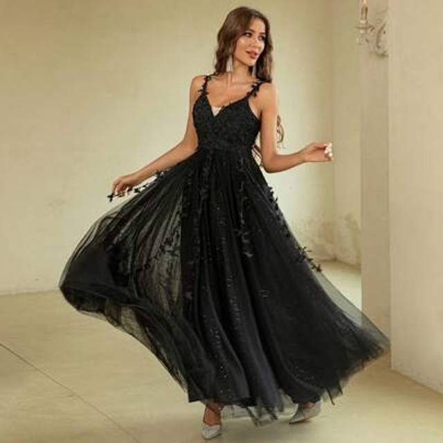 SHEIN Ladies Wedding Romantic Strappy Black Tulle Applique Wedding Fashion Evening Party Dress Saree
