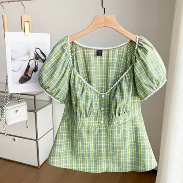 SHEIN Plus Size Green Plaid Short Sleeve Shirt,Club Outfits Women,Beach Vacation Outfits,Green Plaid