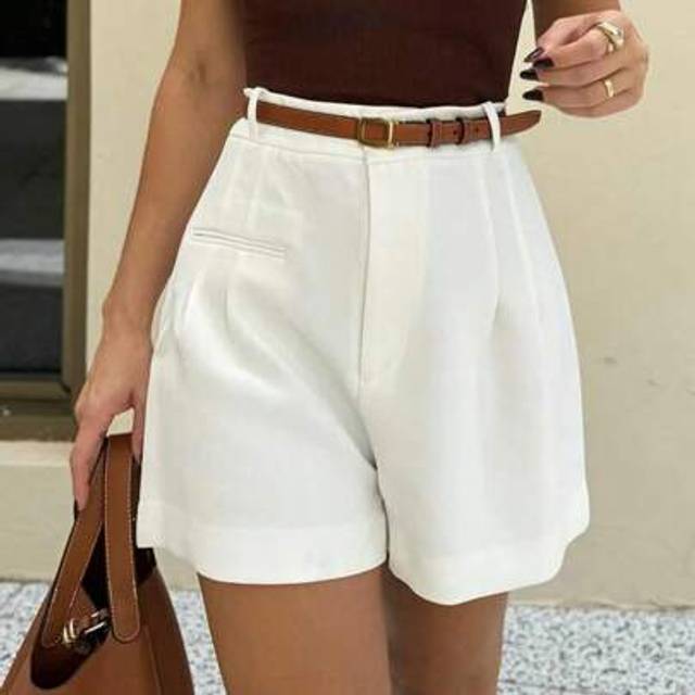 SHEIN Women&#39;s Summer Casual/Office Minimalist Solid Color Mid-Waist Shorts (No Belt), Semi-Sheer