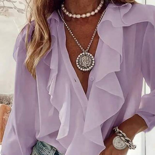 SHEIN Casual Long Sleeve Ruffle V-Neck Blouse