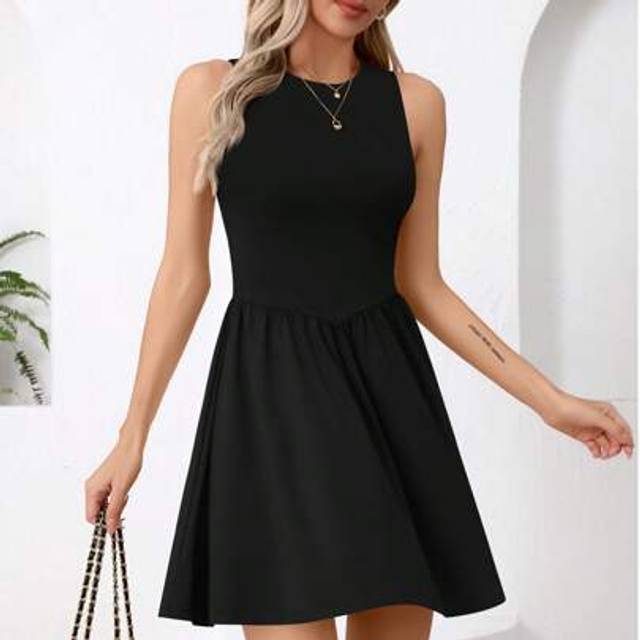 SHEIN Women&#39;s Solid Color Black Milk Silk Round Neck Sleeveless Slim Fit Casual Flowy A-Line Short Tank Dress, Party Dress, For Cocktail