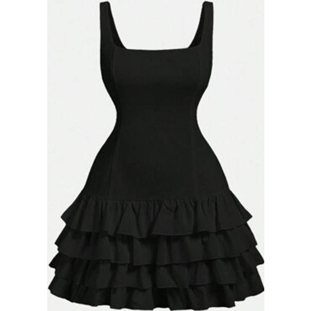 SHEIN Plus Size White Cute Cake Ruffle Hem Tank Mini Dress , Black,Birthday Dresses For Women,Corset Dress For Women