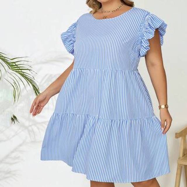 SHEIN Plus Striped Print Ruffle Trim Smock Summer Dress Boho Vacation
